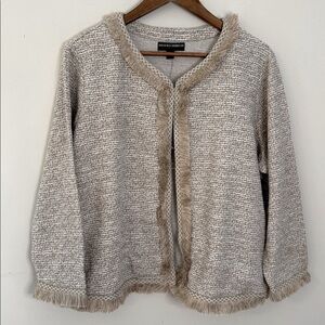 Brooke Shields Timeless Beige Tweed Knit Sweater fringe trim open front SZ 1X